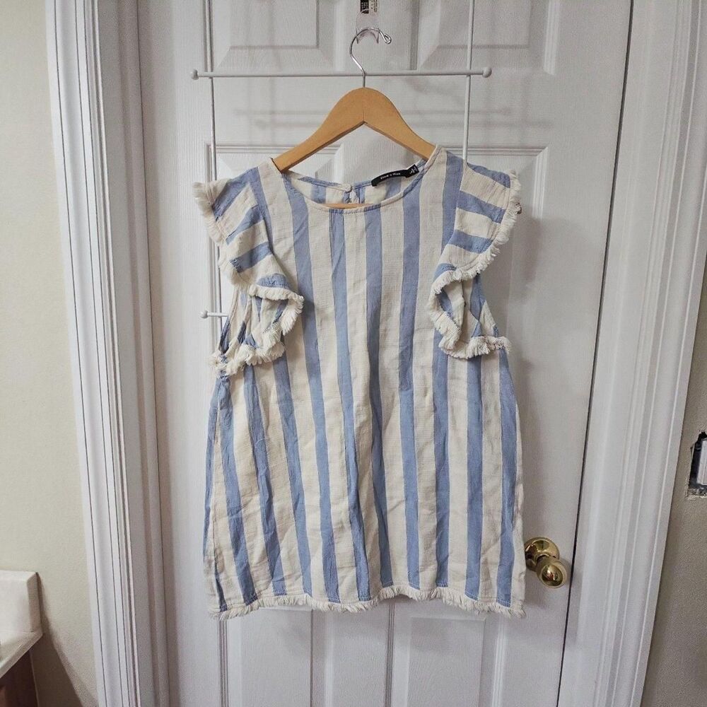 Doe & Rae Blue and White Striped Sleeveless Ruffle Fray Tank Top